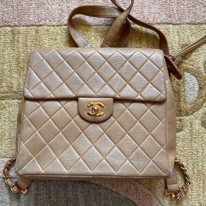 Authentic Chanel Backpack Camel Lambskin Leather Quilted Vintage